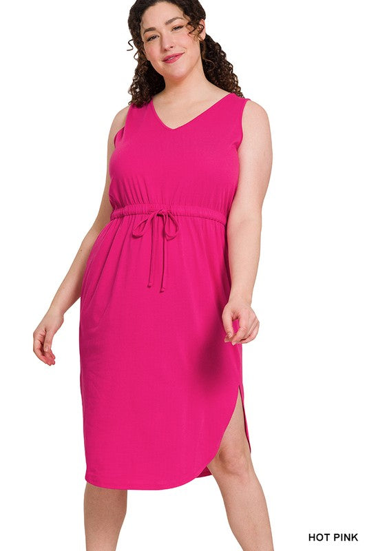 Plus Drawstring Waist Curved Hem Dress