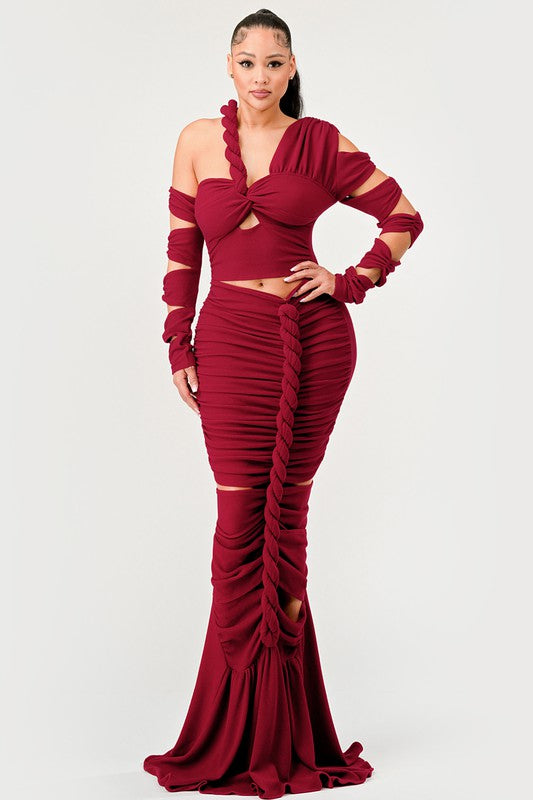 Long Sleeve Wrap Rope Maxi Dress